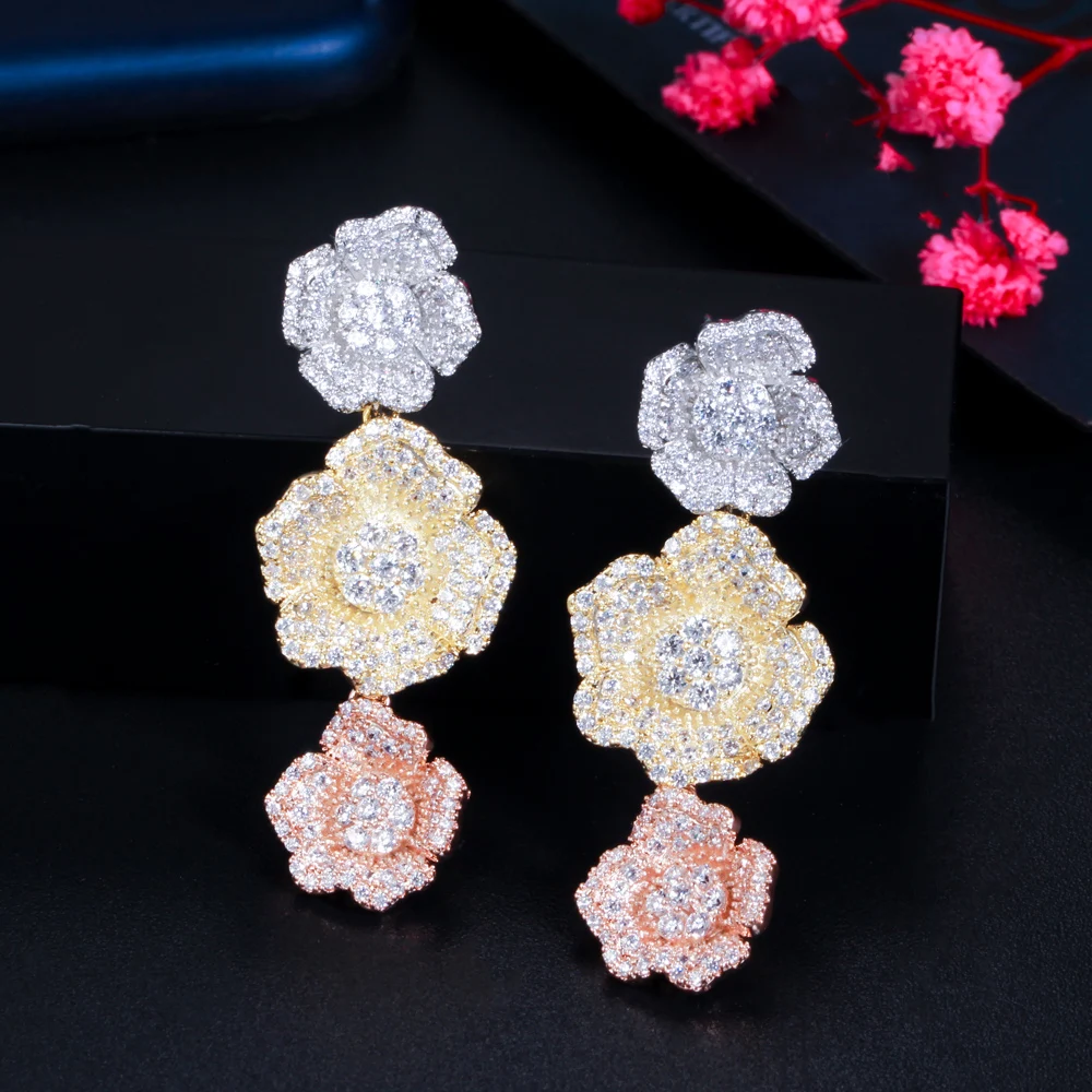 CWWZircons 3 Tone Gold Color Cubic Zircon Cluster Flower Drop Dangle Long Women Party Wedding Earrings Engagement Jewelry CZ886