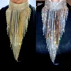 Luxury Crystal Rhinestones Chains Tassel Large Collar Necklace Women Indian Statement Maxi Long Big Bib Choker Necklace Jewelry