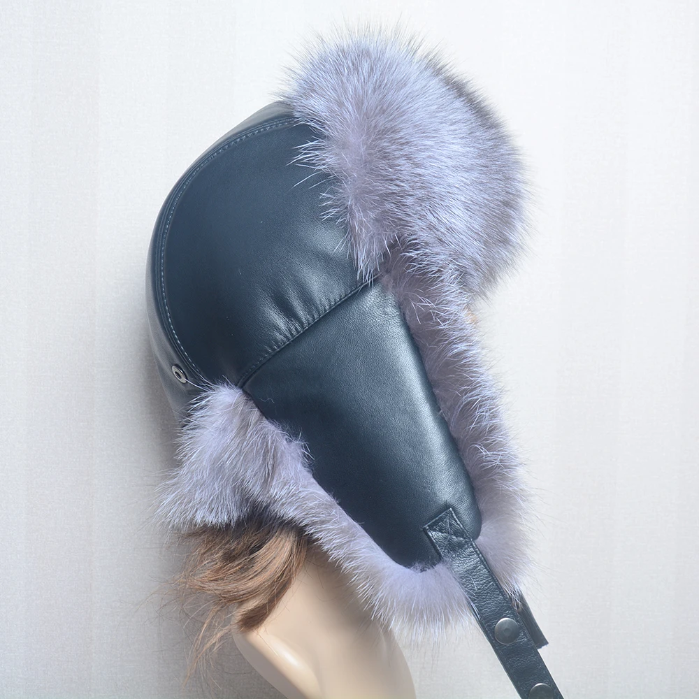 100% Real Fox Fur Hat Women\'s Russian Ushanka Aviator Trapper Snow Ski Hat Caps Ear Winter Raccoon Fur Real Sheepskin Bomber Hat