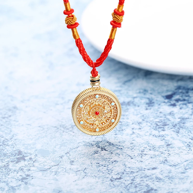 Natural south red enamel porcelain hollow Pendant Necklace Chinese style retro unique ancient gold craft CHARM Silver Jewelry