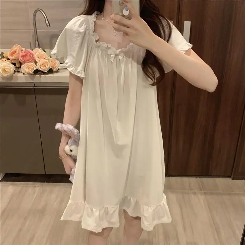 White Nightgowns Women Sweet Kawaii Girls Nightdress Princess Ruffles Square Collar Short Sleeve Summer Lounge Wear Sleepwear