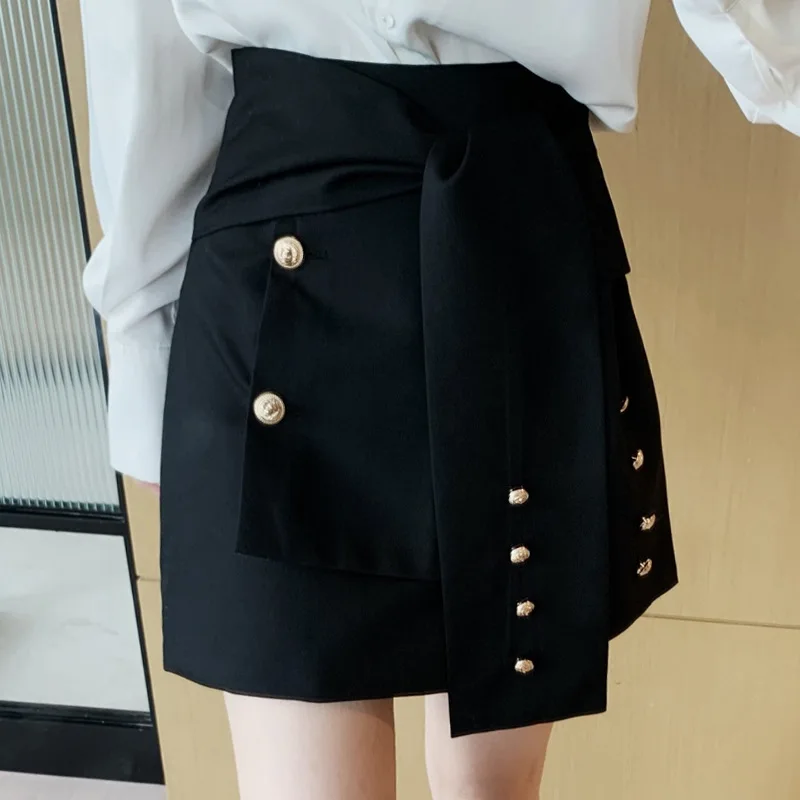 

Black bust skirt, female new high-waisted short skirt is thin, all-match outer wear lace-up a-line skirt