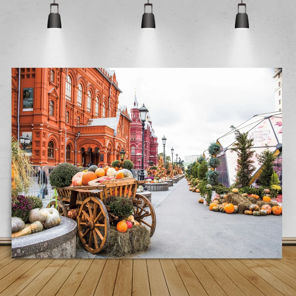 Laeacco Photographic Background For Photo Autumn Harvest Season Pumpkin Market Street Old Town Scenic Photo Backdrop Photostudio