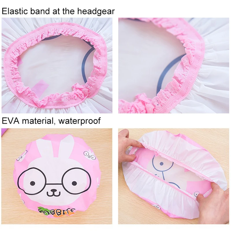 Gorro de ducha con dibujos animados para niña y mujer, gorro de baño elástico, impermeable, reutilizable, productos de baño