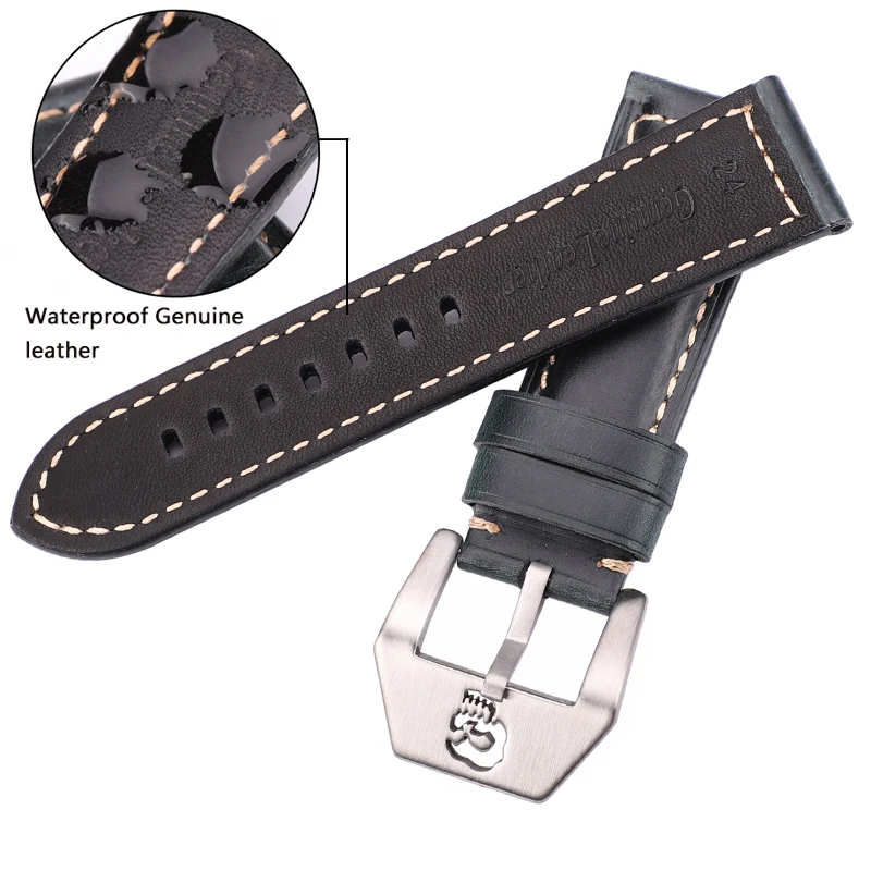 Handmade Cowhide Watchbands 22mm 24mm 26mm Brown Blue Green Red Leather Watch Strap Belt Stainless Steel Skull Hollow Buckle