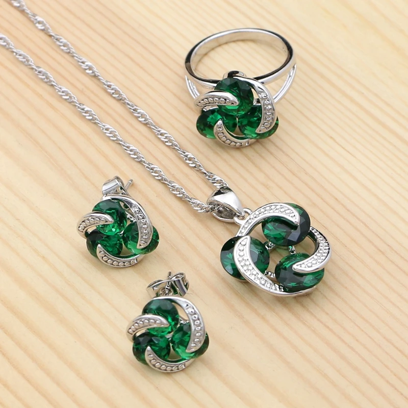 Green Emerald 925 Silver Jewelry Sets Pendant Necklace Ring Earrings Set Classic Jewelry for Women Free Gift Box