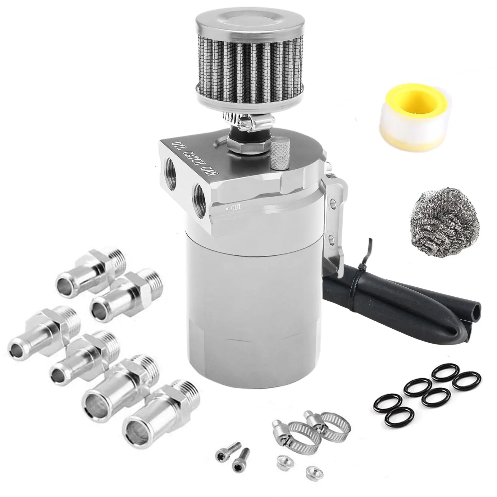 Auto Baffled Oil Catch Can Reservoir Tank met luchtfilter Ontluchter Baffled Aluminium fittingen Oliepeilstokgat Ademende waterkoker