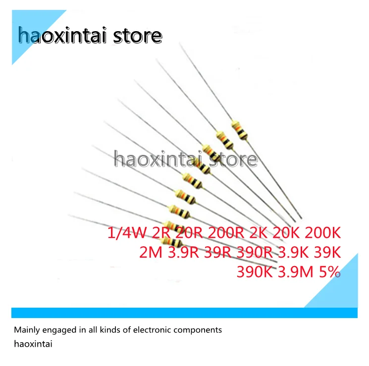 1000 قطعة 1/4W الكربون فيلم أربعة لون حلقة المقاومة 2R 20R 200R 2K 20K 200K 2M 3.9R 39R 390R 3.9K 39K 390K 3.9M الدقة 5%