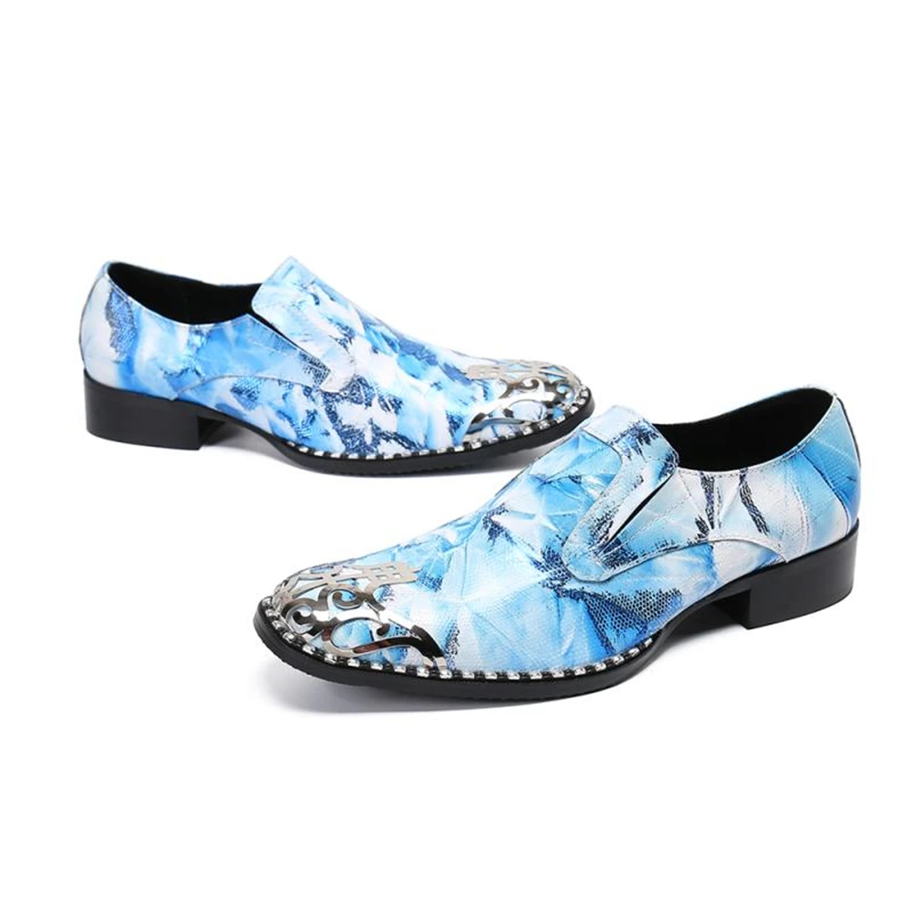 

Elegant Blue Mens Print Genuine Leather Square Toe High Heels Slip-on Italian Wedding Oxford