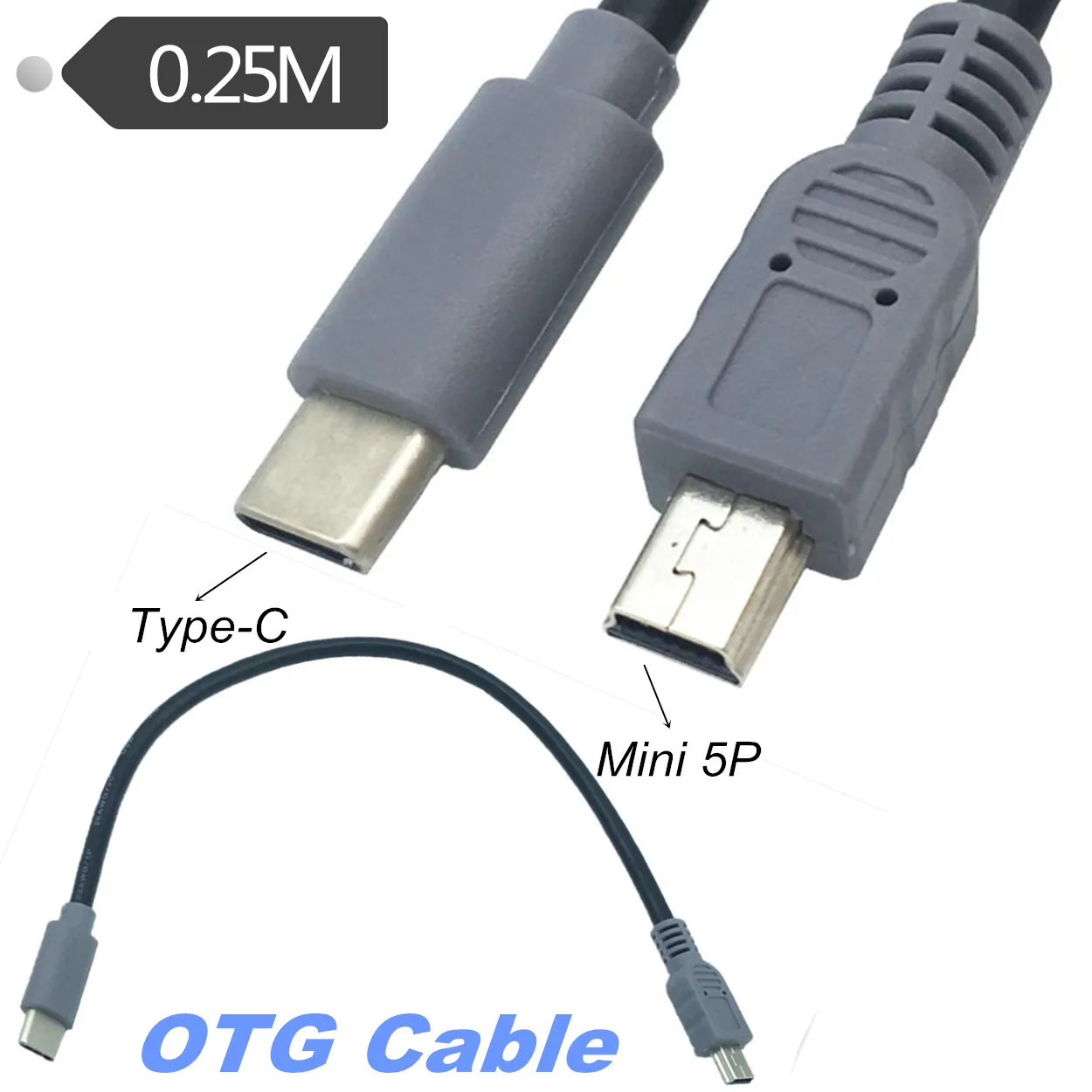 USB 3.1 Type C Male To Mini USB 5 Pin B Male Plug Converter OTG Adapter Lead Data Cable for Mobile Macbook 0.25m/1m