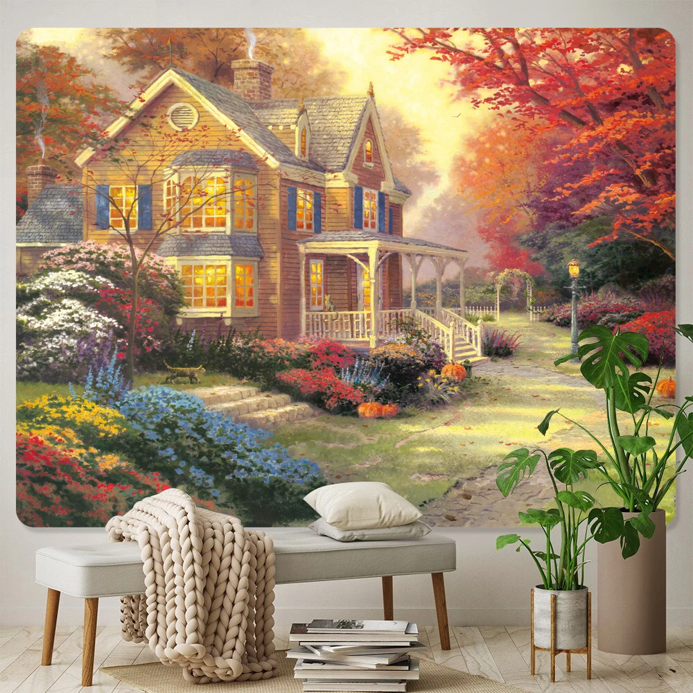 Fairy tale forest castle oil painting psychedelic scene home decoration tapestry bohemian wall hanging background wall