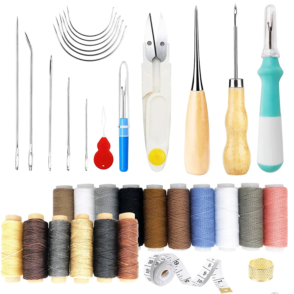 

34Pcs Leather Sewing Tools DIY Leather Craft Tools Hand Stitching Tool Set with Groover Awl Waxed Thread Thimble Leather Kit