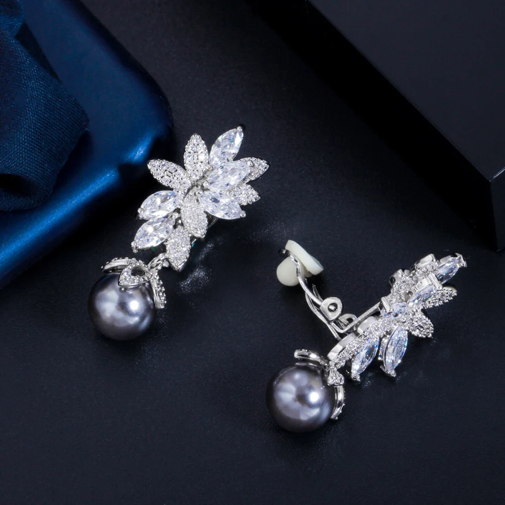 CWWZircons No Hole Design Cubic Zirconia Long Flower Gray Pearl Clip On Women Wedding Party Earrings without Piercing CZ898