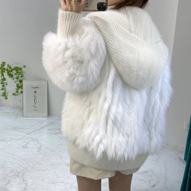 Knitted Hood Real Fox Fur Coats Women Fashion Fur Jacket 2024 Women Genuine Fox Fur Coat for Winter Fur Stripe Sewed Together