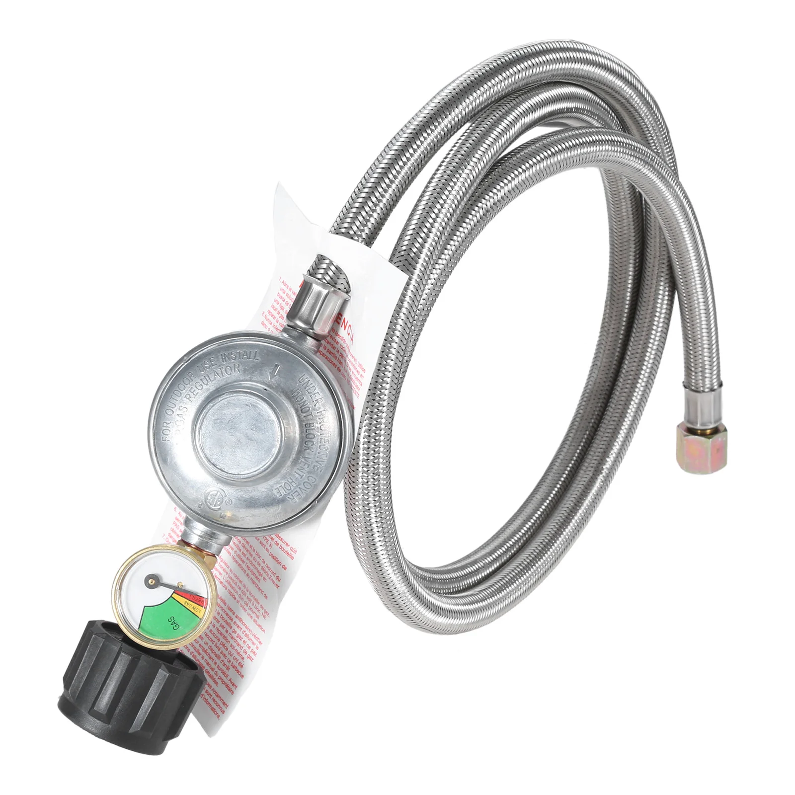 1kit Stainless Still Braided Propane Regulator Hose+Gauge 60inch Low Pressure 80000BTU/Hr Detect Monitor 3/8