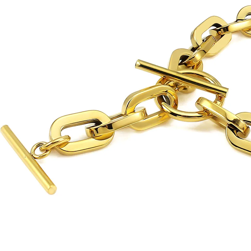 Gold Stainless Steel Link Chain Choker Necklace Long Circle Bar Design with Toggle Lock Statement Collar Accessory