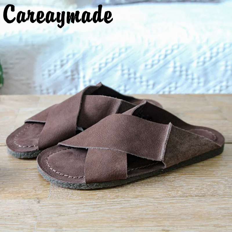 Careaymade-Summer Korean RETRO art genuine leather soft sole personality open toe soft leather with comfortable outside slippers