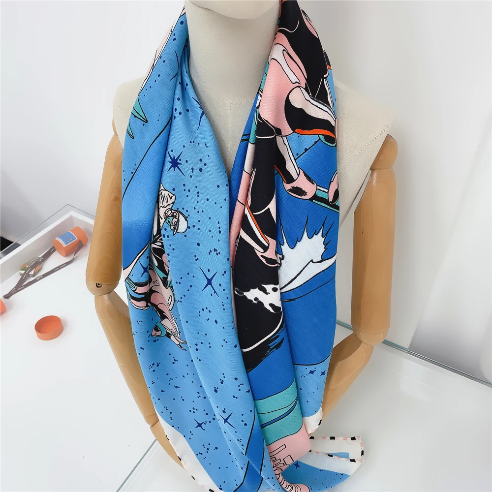 POBING Silk Cashmere Scarf Women Hand Rolled Shawls Carriage Print Square Scarves Wraps Lady Bandana Big Hijabs Female Foulards