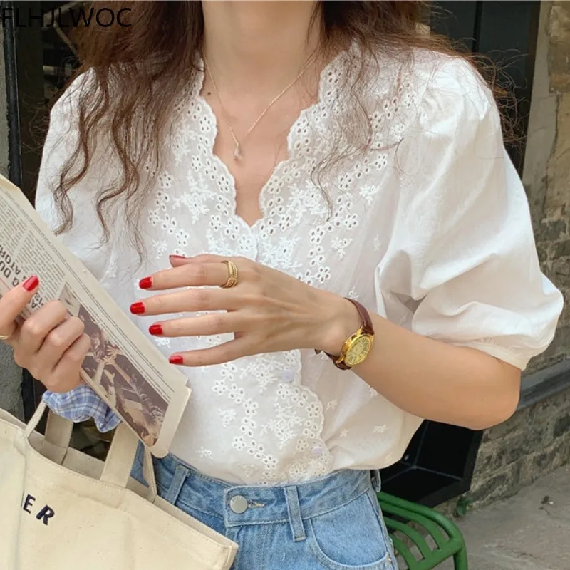 Women Chic Korea Design Clothes Fashion Short Sleeves Solid Lace Hollow Out Embroidery Tops Single Breasted Button White Shirt