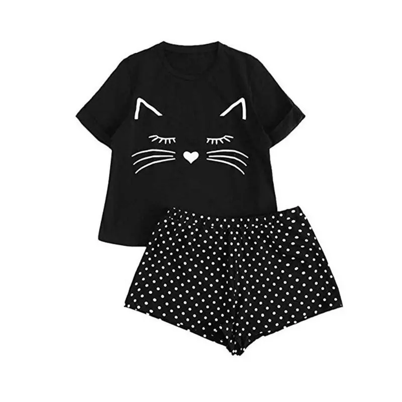 Pyjama en coton pour femmes, vêtements de nuit, mignons, imprimés de dessins animés, t-shirts, Shorts, Pj, été