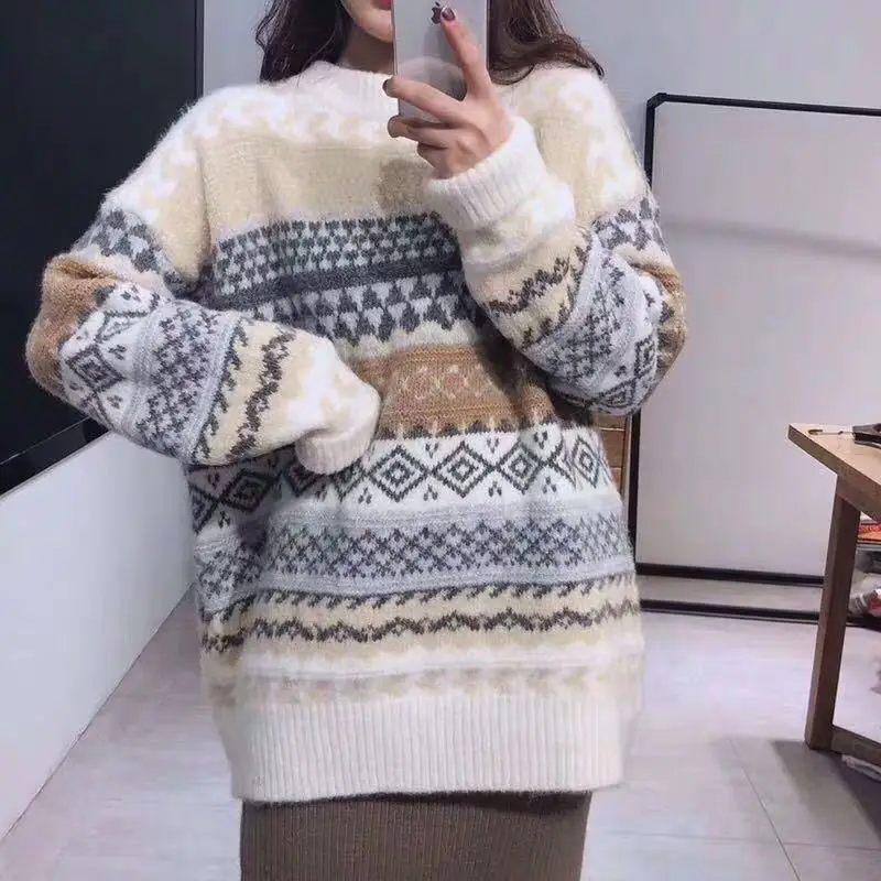 Vintage Sweater Women Knitted Pullovers Winter Striped Jumper Casual Oversized Sweaters Ladies Long Sleeve Knitwear Warm Tops