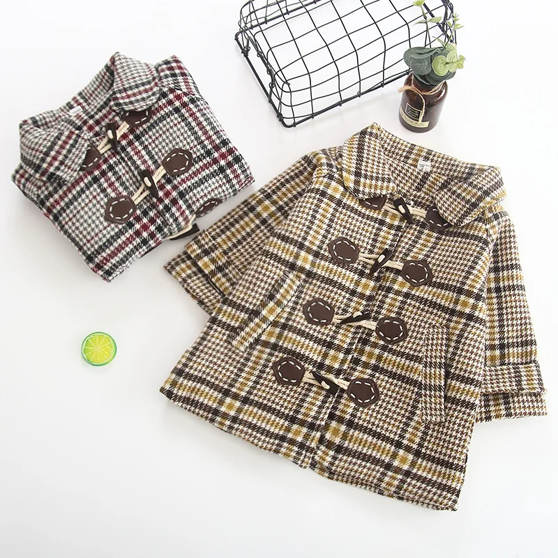 Winter Kids Woolen Jacket New Children's Wear British Wind Cotton Claw Button Overcoat Boys Girls Chequered Long Warm Coat X487