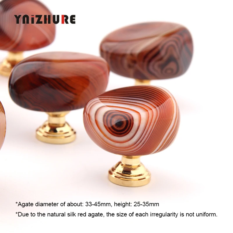 Luxury Natural Silk Red Agate Carnelian Handle Metal Base Drawer Cabinet Wooden Box Knobs Carnelian Kitchen Cabinet Pull Big