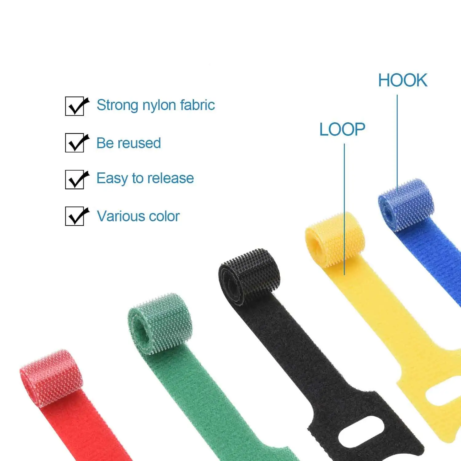 50PCS 12*300mm Thin Pre-Cut Design Reusable Cable Ties Adjustable Straps Cable Organizer Cord Wrap and Hook Loop Cord Management