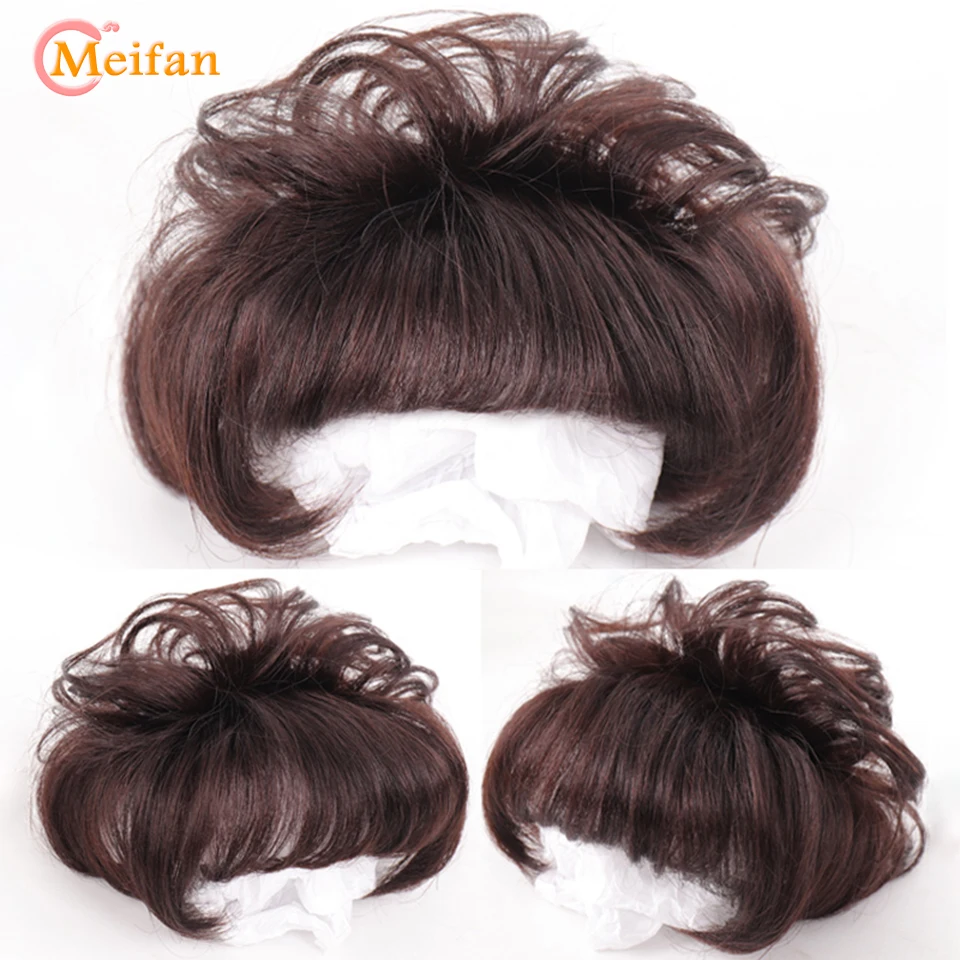 MEIFAN Topper Closure Wavy Curly Hairpieces Clip In Hair Extension Natural Black Brown Hair with Bangs Cover Gray top Hairpieces