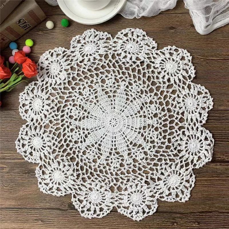 

40CM Round Pastoral White Beige Cotton Crochet Flowers Table Dining Placemat Coffee Tea Cup Mat Wedding Christmas Decor Pad