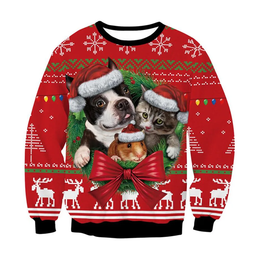 

HX Animals Christmas Sweatshirt 3D Graphics Christmas With Bulldog And Cat Pullovers Tops Harajuku Sweatshirts Men Clothing