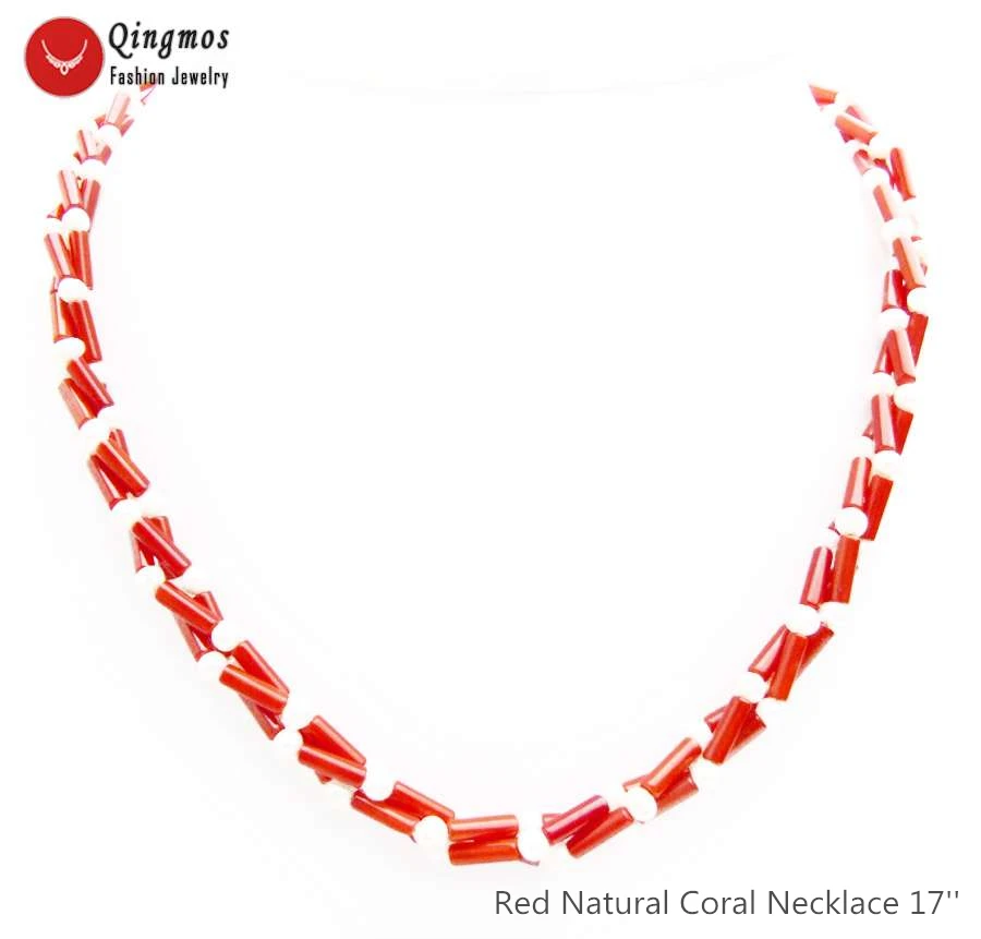 

Qingmos Natural Red Coral Necklace for Women with 3*9mm Thick Slice 4mm Round White Pearl Necklace Jewelry 3 Strand Chokers 17''