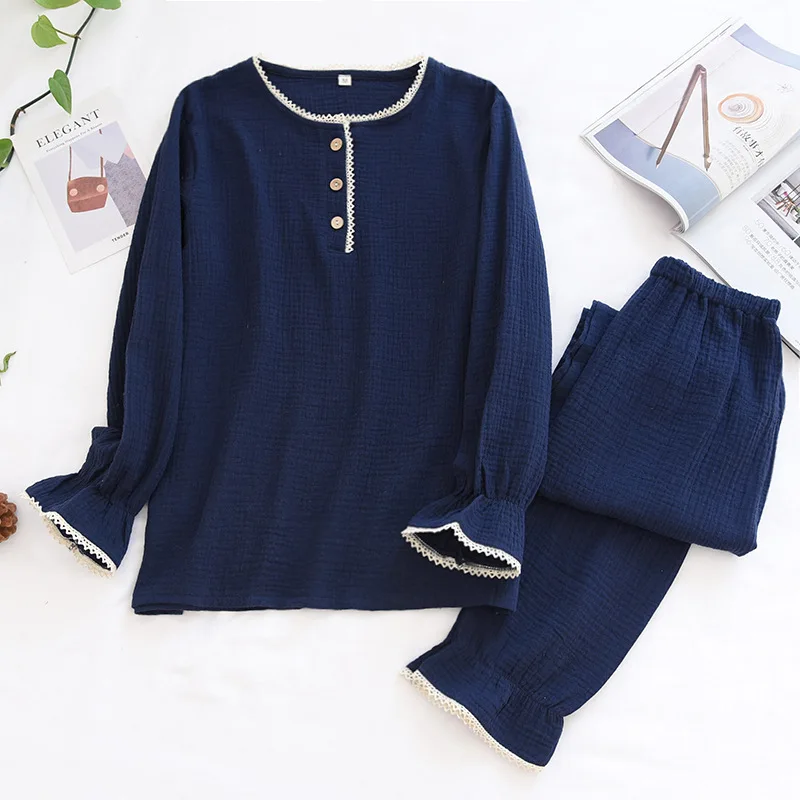 

Японские весенне-осенние женские пижамы из 100% хлопка, состоящие из двух частей, тонкие с длинными рукавами, большие размеры, однотонный домашний костюм, летний костюм