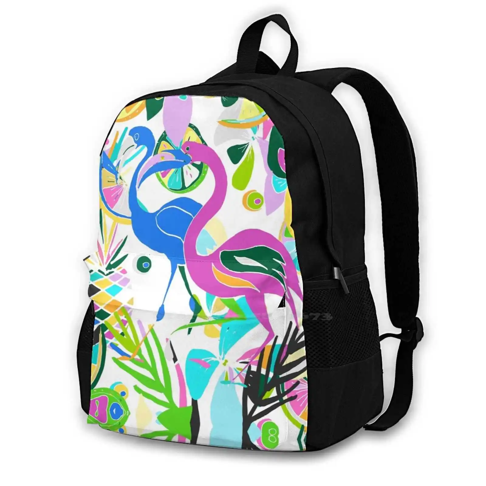 

Pink Flamingo Fun With Colors 510D Print Design Backpack Student Bag Birds Aviary Jungle Blue Flamingo Fun