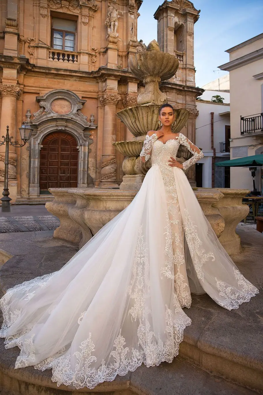 Vestido De novia De manga larga con hombros descubiertos y botones, traje Sexy De sirena desmontable, 2024