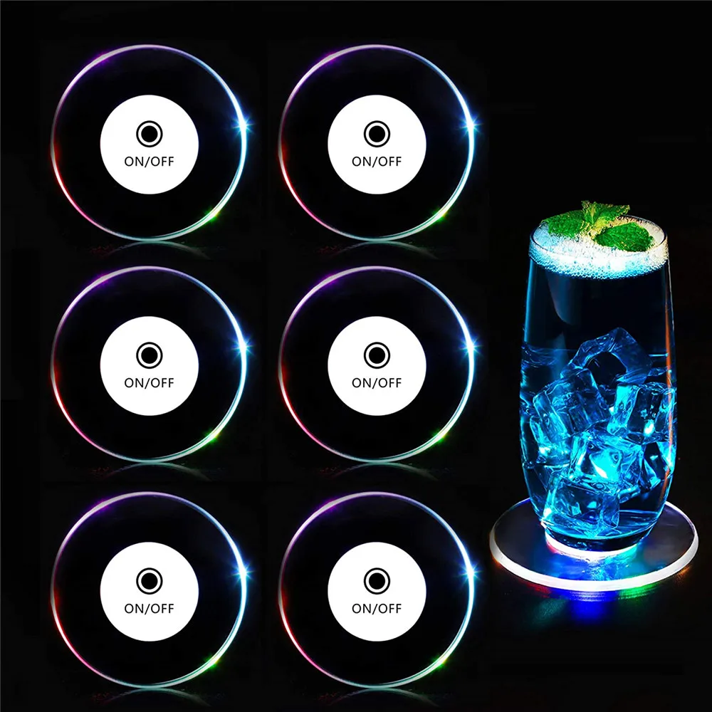 5Pcs 10CM Acrylic LED Flashing Coasters Light Up Cocktail Wine Glass Cup Mat for Xams Bar Event Holiday Wedding Party Decoration