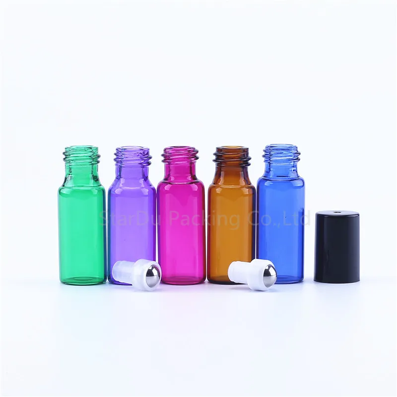 

500PC/Pack 5ml Amber Blue Green Thin Glass Roll On Bottle Sample Test Essential Oil Vials With Roller Metal Ball