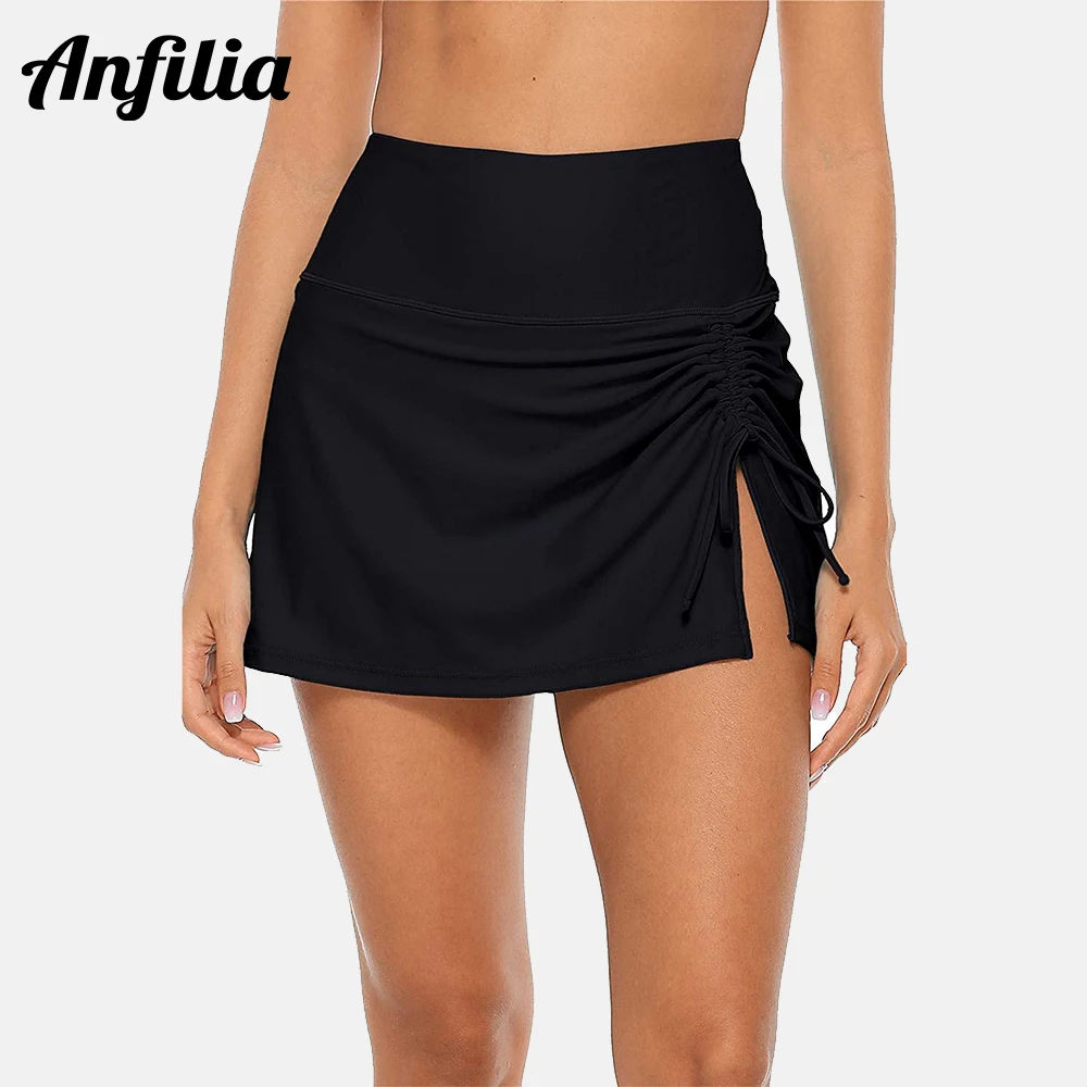 Anfilia Women\'s Skirted Swim Bottom with Built-In Briefs High Waisted Split Sporty Drawstring Swim Skirt плавки женские пляжные