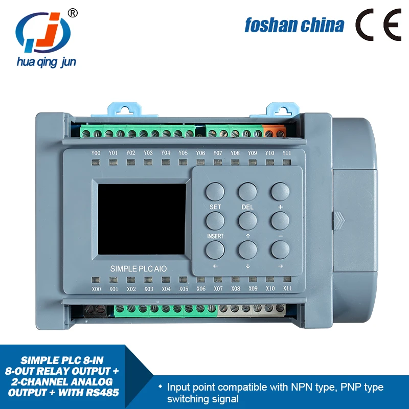 Huaqingjun 8-in 8-out Relay Output 2AO RS485 Communication Modbus RTU PLC for Smarthome