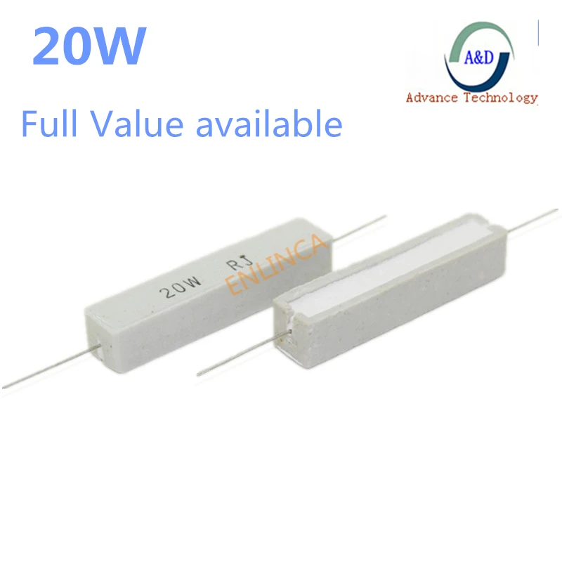 1Pcs Full Value 20W 5% Cement Resistor Power Resistance 0.1 ~ 10K 1R 2R 6.8R 0.01R 4.7R 330R 510R 68R 10R 100 1K 1.5K 2K 10K ohm