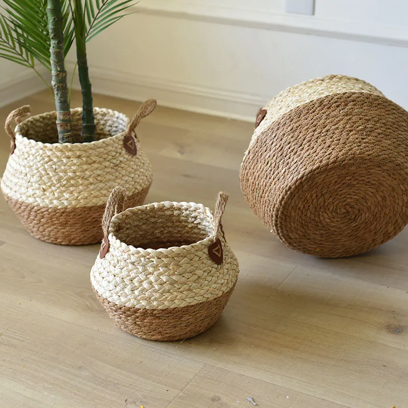 

Storage Containers Handmade Sundries Basket Cotton Rope Corn Husk Hand-knitted Storage Flower Basket With Waterproof Shell 1Pc