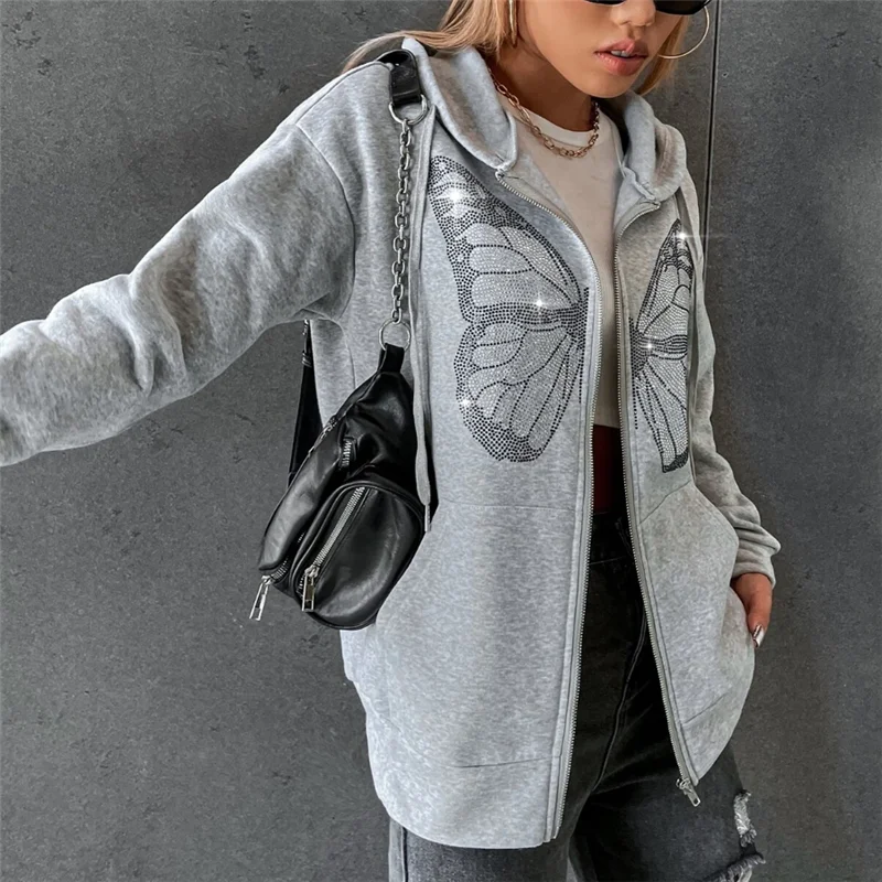 Rhinestone Butterfly Pattern Zip Up Hoodie Y2K Fashion Oversized Casual Loose Sweatshirts Women's Autumn Gray E-girl Tracksuit