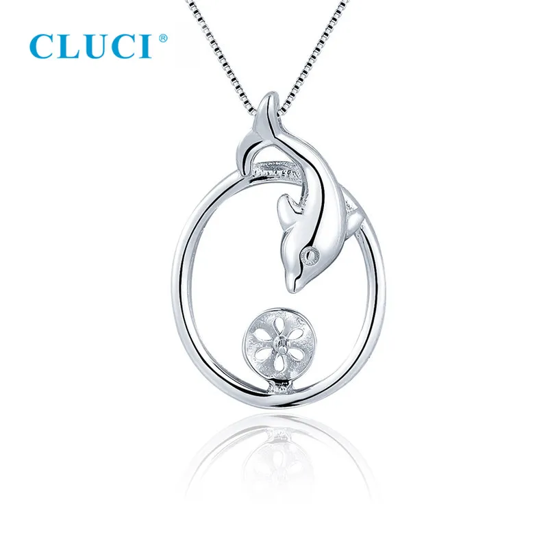 

CLUCI 925 Sterling Silver Oval Dolphin Pearl Pendant Accessory Fit 6-7mm Round Bead DIY Women Fine Jewelry Making SP448SB