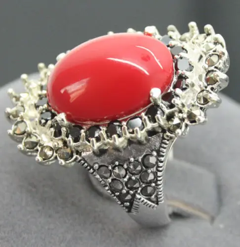 

wholesale good noble 16*27mm 925 STERLING SILVER MARCASITE RED CORAL RING SIZE 7/8/9/10 Genuine Natural stone gems Fortune Fine