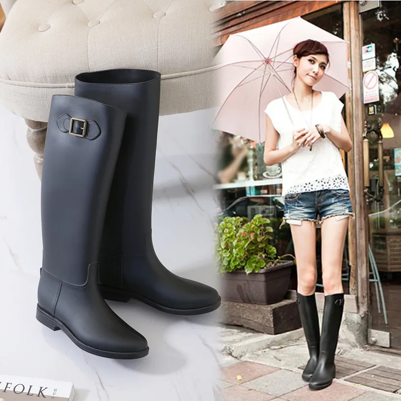 Rain Boots Women Pvc Waterproof Water Shoes Tall Rain Boots Female Rubber Toe Rainboots  C551