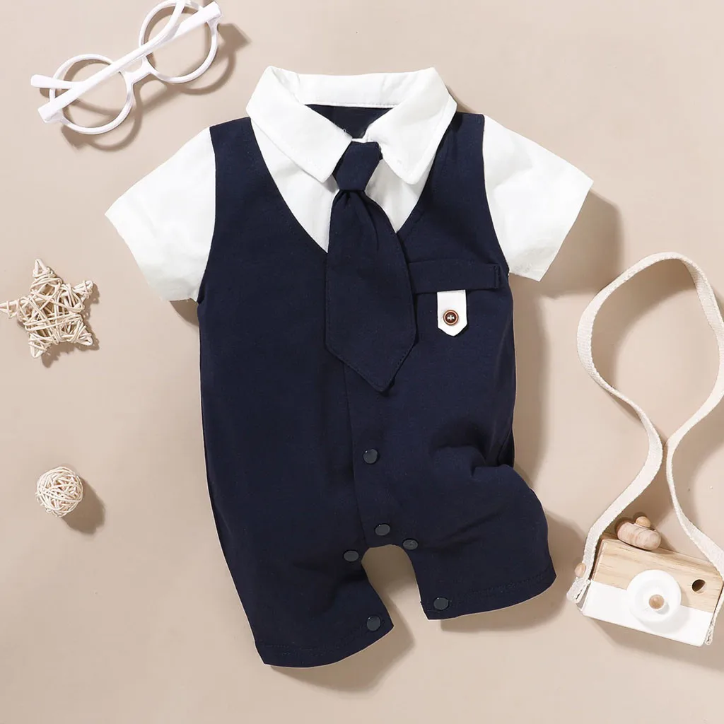 Summer Newborn Baby Boys Romper Short Sleeve Gentleman Tie Jumpsuit Infant Outfits Formal Child Boy Clothes 3 6 9 12 18 Months