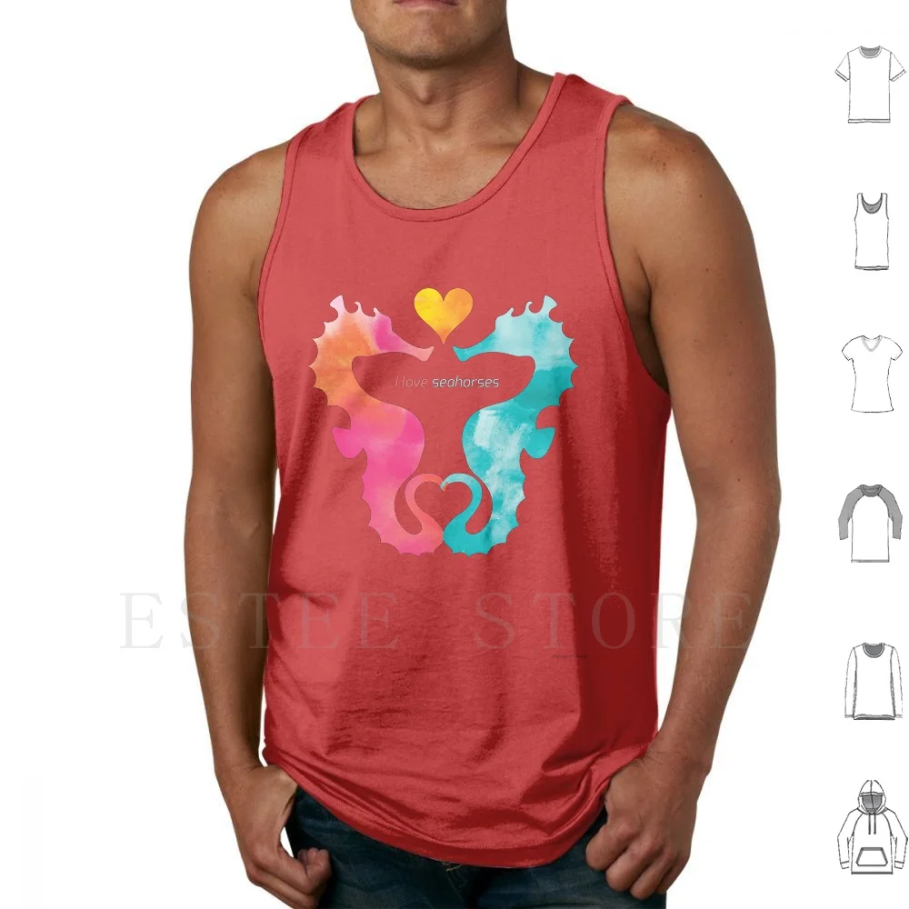 Love Seahorses-Heart Sun Tank Tops Vest Sleeveless Seahorse Love Pink Blue Teal Orange Heart Sun Animals Watercolor