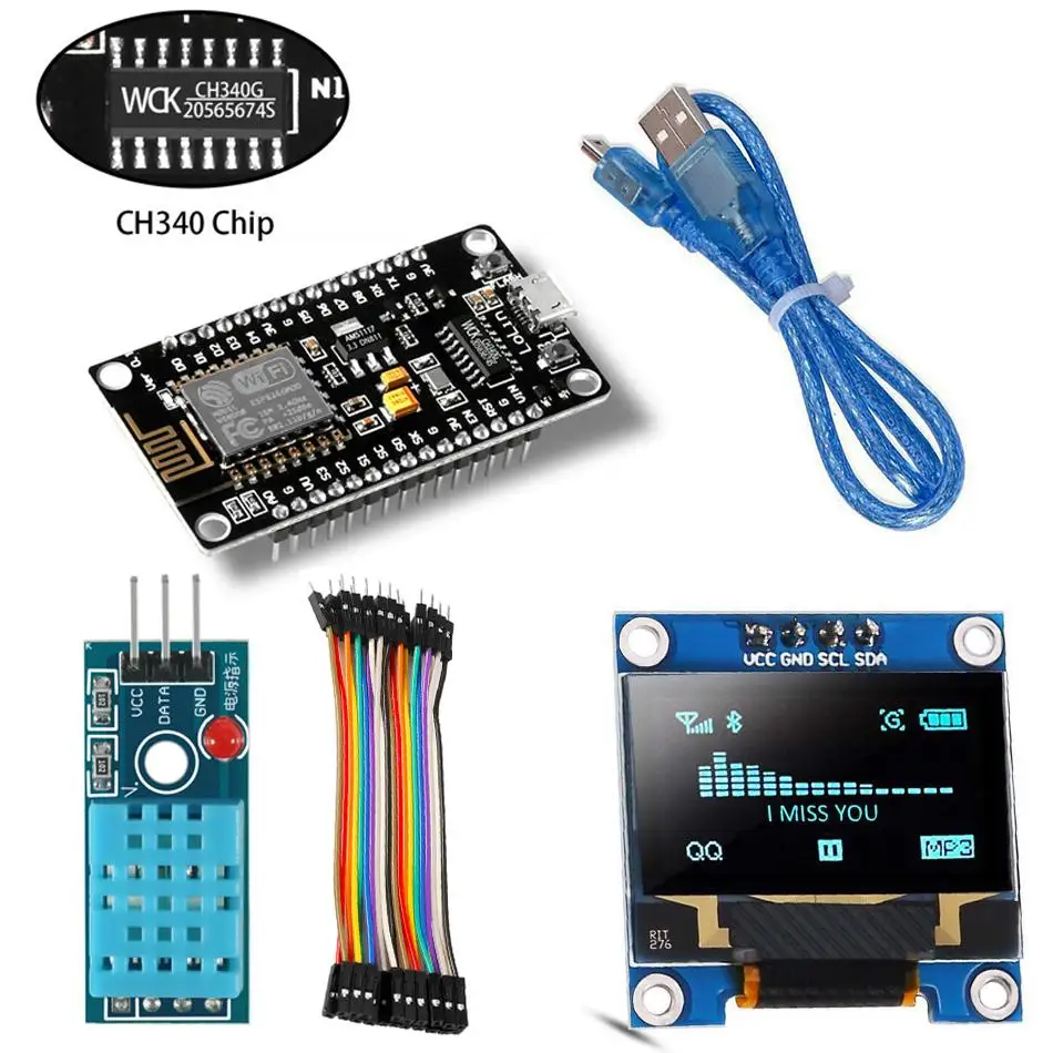 WiFi ESP8266 Starter Kit for IoT NodeMCU Wireless I2C OLED Display DHT11 Temperature Humidity Sensor For Arduino Wifi Sensor Kit