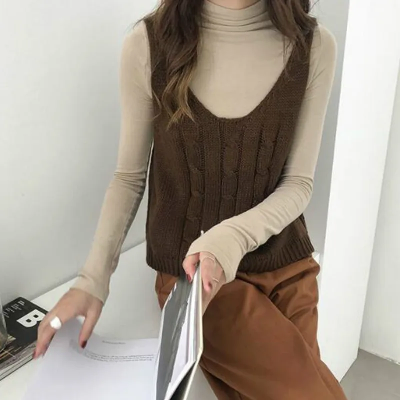 Autumn Solid Knitted Loose Casual Vest Women V-neck Sleeveless Sweaters All-match Fashion Simple Korean-style Lovely Girls Chic