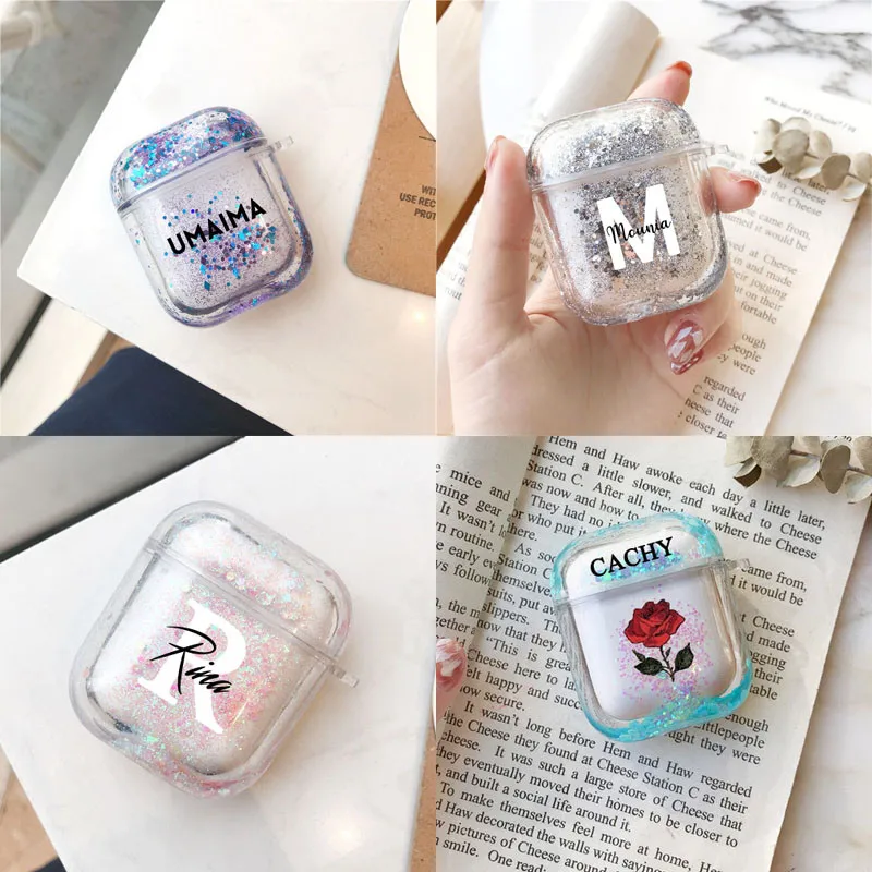 Customized Name logo picture Case for Airpods Glitter Liquid sand Cover Cute Airpod bling Case personal design Hard Plastic Case